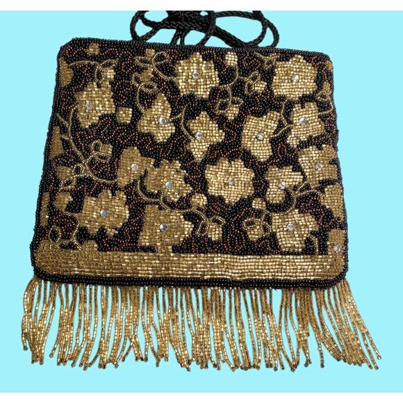 Beaded Evening Black Bag Gold Flowers & Fringe Rhinestones By Accessories Lady - Picture 1 of 8